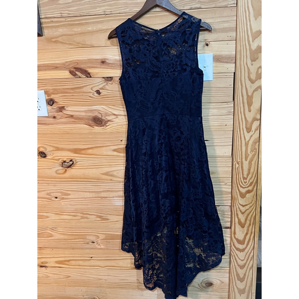 Muadress Navy Blue Lace High Low Dress Sleeveless Sheer Wedding Formal Sz Large - Picture 8 of 8